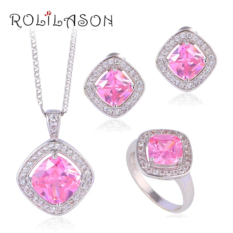 

ROLILASON Silver Stamped Earring Necklace Fashion Jewelry Sets Ring Pink Crystal zirconia Sz #5.5 #7 #8 #8.5 #9 #9.5 JS634