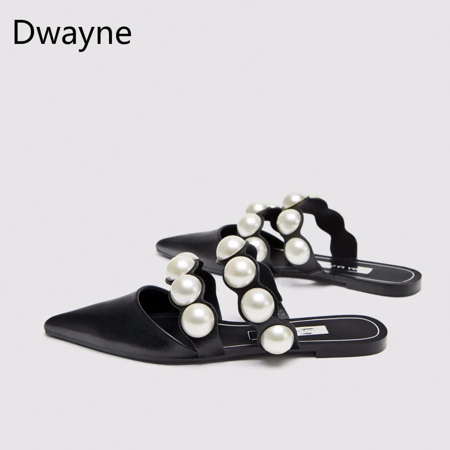 

Dwayne mueller shoes pearl pointed flat shoes outer wear lazy half drag Mary Jane shoes women's slippers