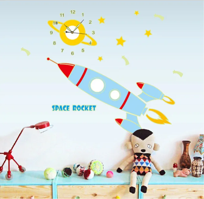 

Wholesale Luminous Space Rocket Clock Wall Stickers Wall Clock Poster Mural Wall Art Decal for Living Room Kids Girl Boy Room