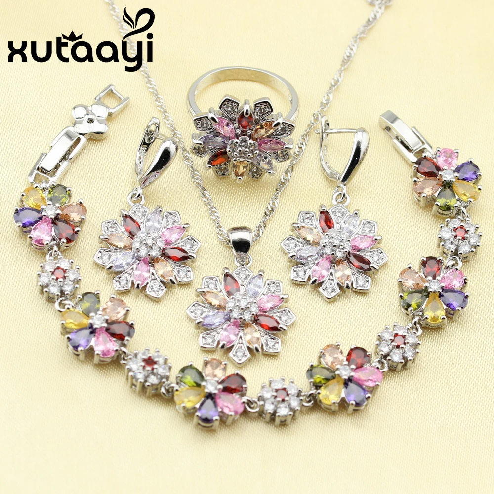 

XUTAAYI 925 Sterling Silver Jewelry Set Flower Multicolor Stone Earrings Ring Necklace Pendant Bracelet Christmas Bracelet Gift
