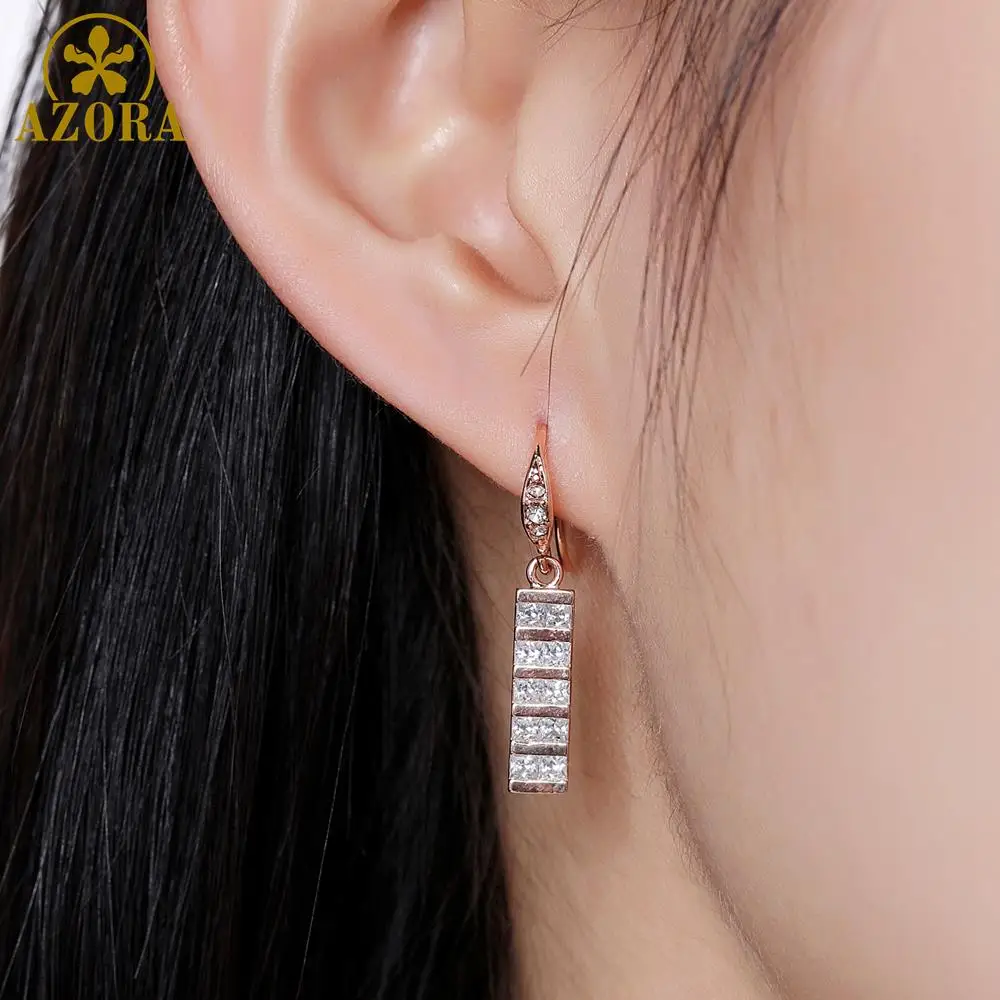 AZORA Full Paved Square Cut Clear Cubic Zirconia Rectangle Drop Earrings for Women Rose Gold Color Jewelry TE0347