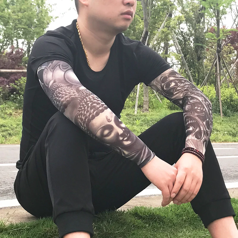 Men Temporary Tattoo Sleeves Seamless Fake Tattoo Arm Warmer Stockings Elastic Sun Protective