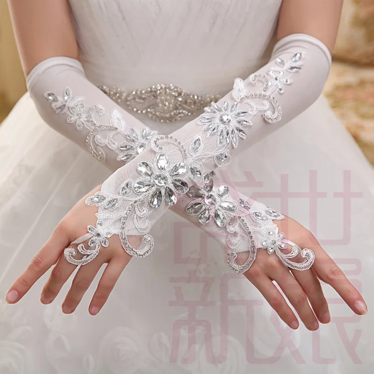 

2014 New Coming Gorgeous Elegant White Fingerless Long Wedding Gloves Formal Gloves Women Sparkle Crystal Beaded Bridal Gloves