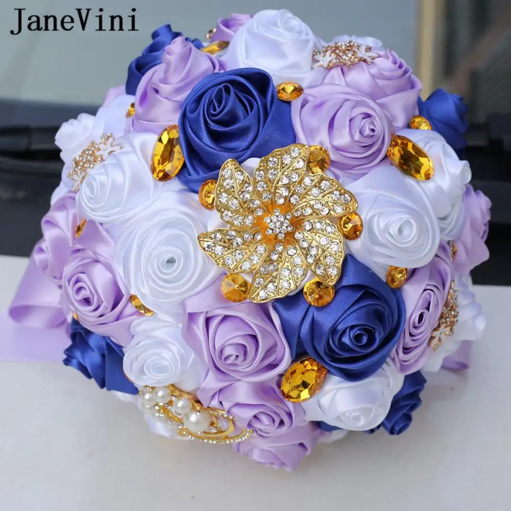 JaneVini 2019 Luxury Sparkle Crystal Wedding Bouquets Bridal Flowers Rhinestone Artificial Purple Satin Roses Bouquet De Mariage