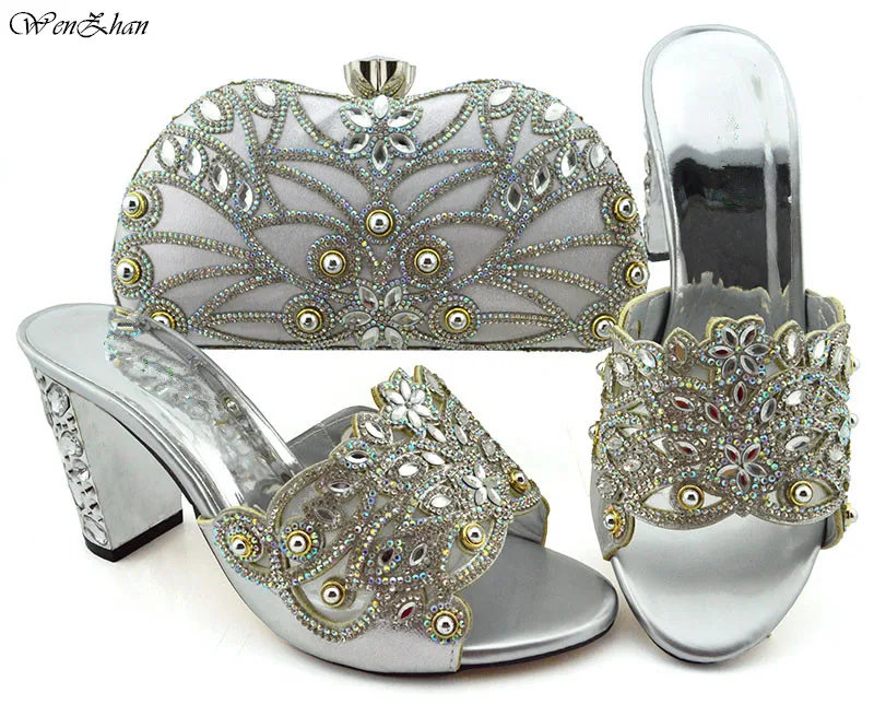 

Fashion style 2019new coming Italian matching shoe and bag set african wedding sliver shoes and bag sets for lady 9cm B94-5