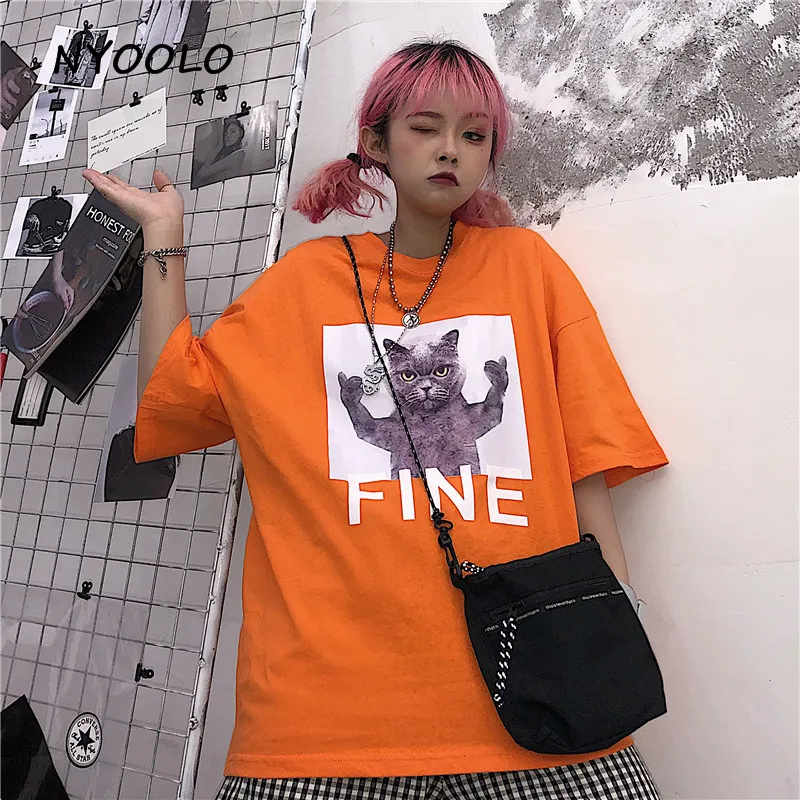 

NYOOLO Harajuku style funny cat letter print tee shirt Casual summer streetwear short sleeve t-shirt women/men clothing tops tee