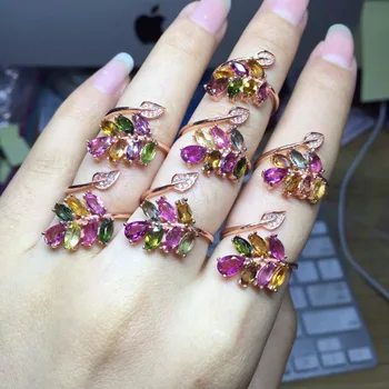 

[MeiBaPJ Natural Tourmaline Gemstone Fashion Colorful Stone Simple Ring for Women Real 925 Sterling Silver Charm Fine Jewelry
