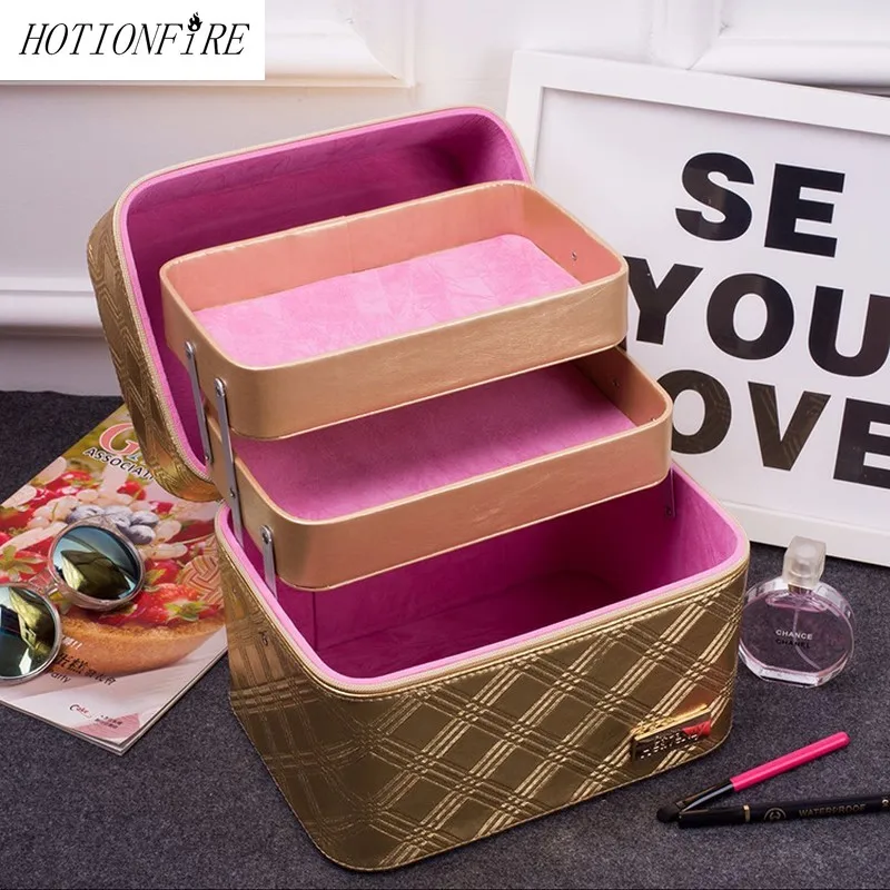 

Ladies Storage Make up Bags Popular High-grade PU Cosmetic Bags Portable Large Capacity Manicure OrganizerTwo Layers Waterproof