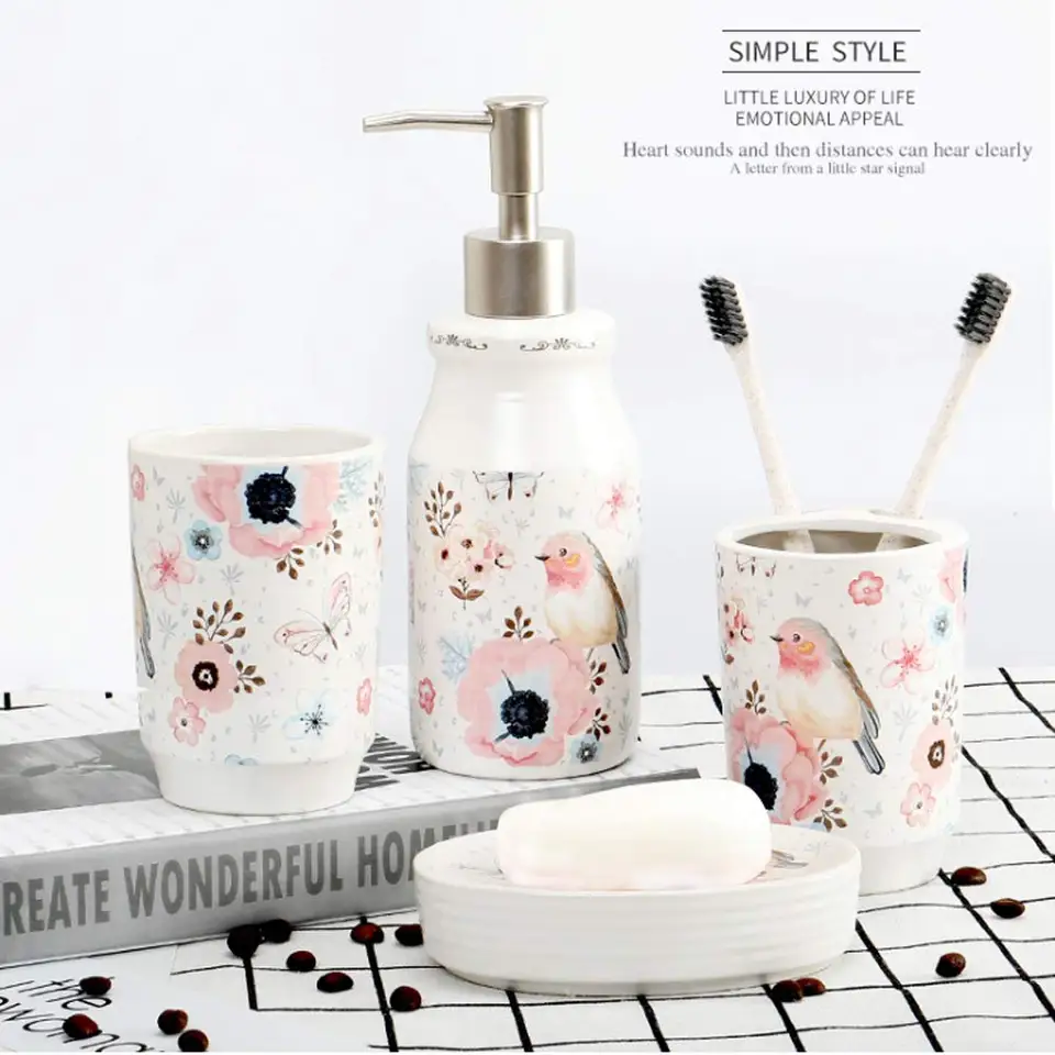 4pcs Ceramics Rose Flower Bird Bathroom Accessories Set Lotion Dispenser Toothbrush Holder Tumbler Soap Dish Cotton Swab Product Bathroom Accessories Sets Aliexpress