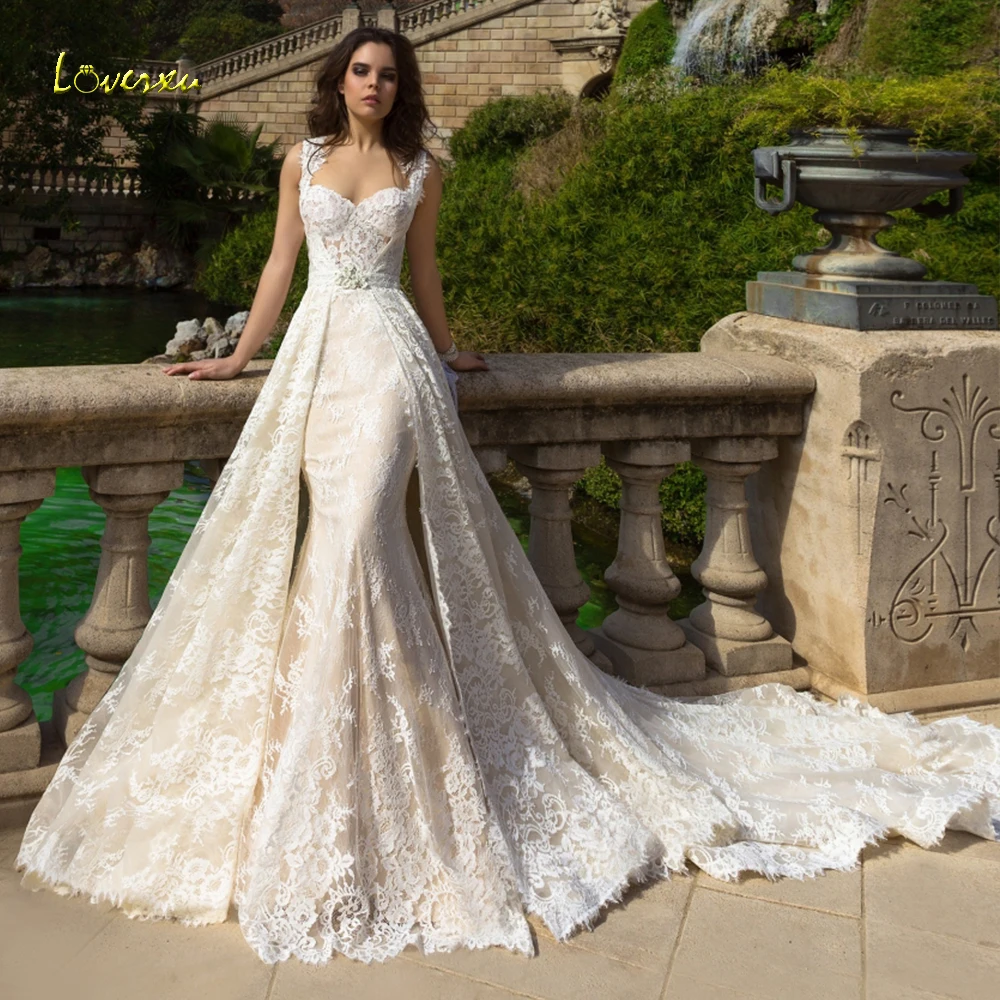 

Loverxu Scoop Mermaid Wedding Dress Delicate Chic Applique Tank Sleeve Bride Dress Chapel Detachable Train Bridal Gown Plus Size