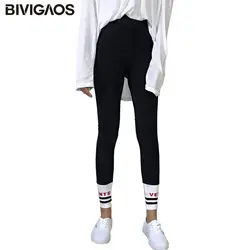 Bivigaos осень Для женщин Леггинсы для женщин корейский хит Цвет в полоску Нитки буквы сшивание черный Леггинсы для женщин хлопок тренировки