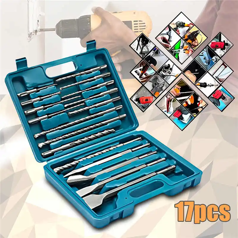 Conjunto de Bits Ferramentas de Instalação Hidrelétrica com Caixa Broca Bits Cinzel Sds Mais Martelo Rotativo Caber b Osch Hilti Armazenamento 17 Pçs – Set