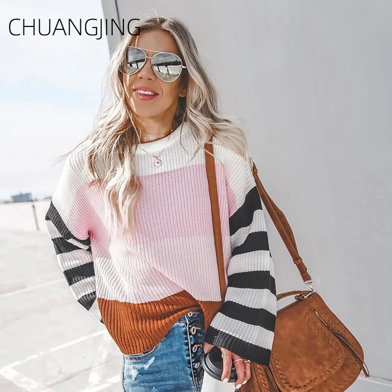 Fashion Autumn Winter Knitted Sweater Women New O-neck Striped Long Sleeve Plus Size Pullover Sweater Ladies Casual Sweater - Цвет: Pink Sweater Women