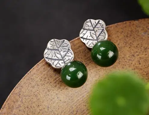 

Sterling S925 925 silver ear stud ear nail leaf natural stone bead for woman earring trendy 20mm