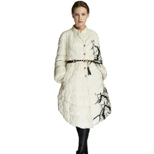 Высокое качество, Европейская мода, дизайнерские парки для женщин, зимняя парка на белом утином пуху, длинная куртка с принтом, пальто с карманом