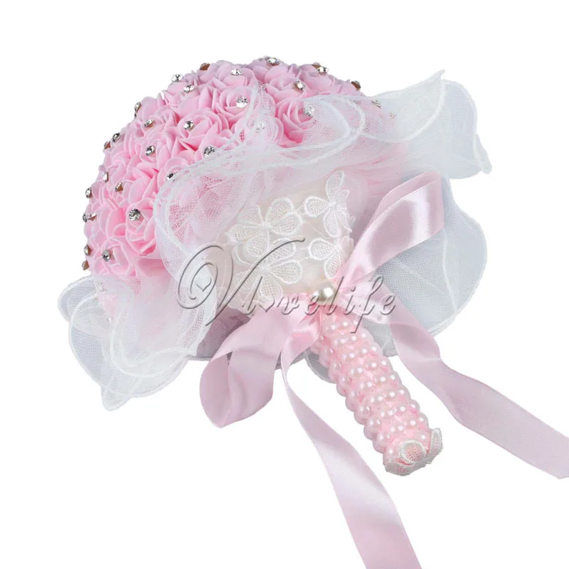 Искусственный цветок розы поси разноцветный Атлас горный хрусталь кораллы белый кружевной свадебный букет невесты Свадебный букет невесты Декор - Цвет: light pink
