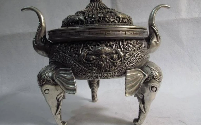 

Tibet Buddhism white bronze silver eight treasure elephant censer incense burner
