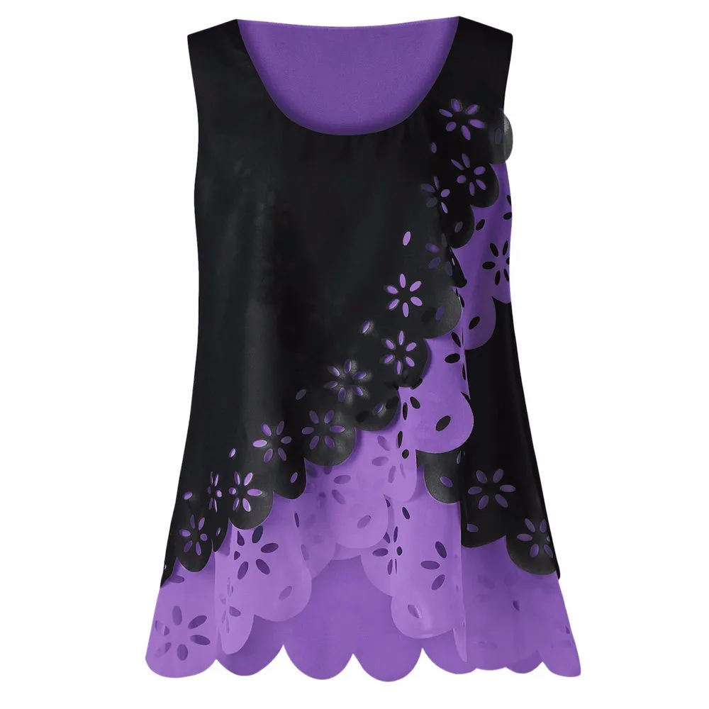 Модная женская цветочная ажурная блузка с круглым вырезом, шифоновая безрукавка, жилет с круглым вырезом, Цветочная кружевная шифоновая жилетка - Цвет: Фиолетовый