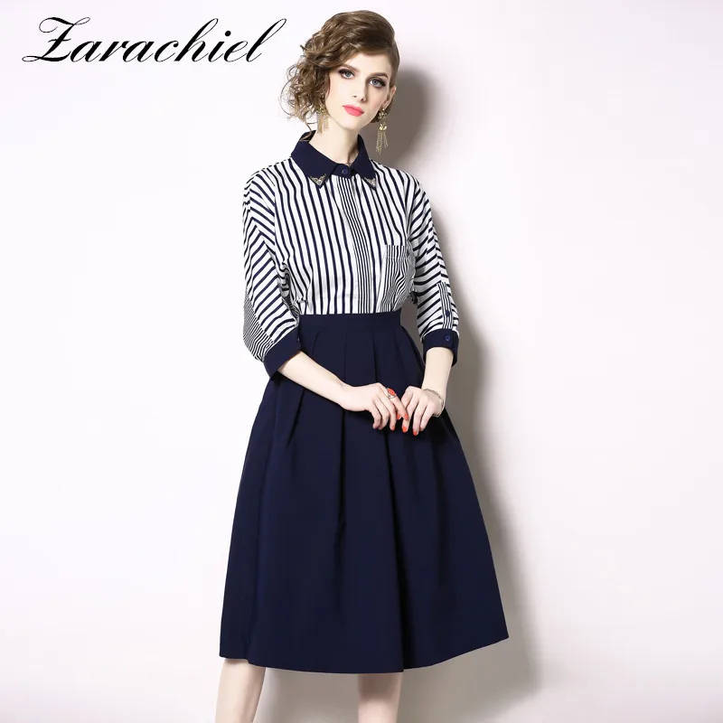 

Office Lady 2 Piece Sets 2019 Fall Woman Clothes 2 Piece Skirt Set Striped Blouse Shirt+Pocket Ball Gown Midi Skirt Suit Outfit