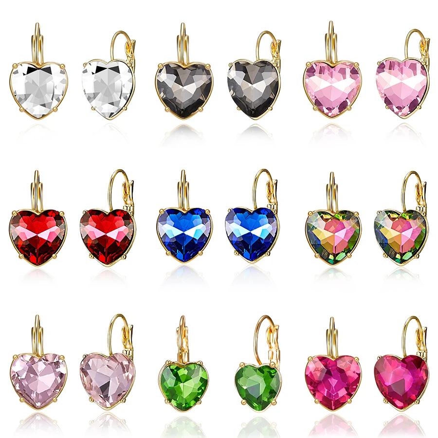 

15 Styles Fashion Gold Color Love Heart Stud Earrings Red Pink Blue Austrian Crystal Crystal Earring For Women Wedding Jewelry