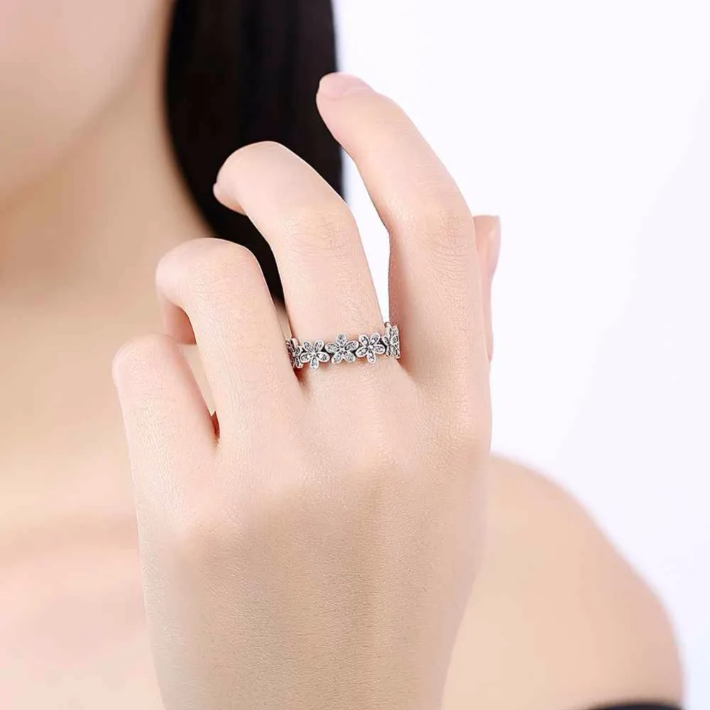 Solid 925 Sterling Silver Ring Flowers Inlaid Zircon Fashion OL Accessories Rings For Women Wedding Jewelry (JewelOra RI102593)