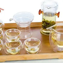 1х кофейный чайный набор кунг-фу-стеклянные двойные ручки с красными ушками горшок+ ситечко+ Chahai+ 6 двухслойная чашка с сердечками+ бамбуковый поднос