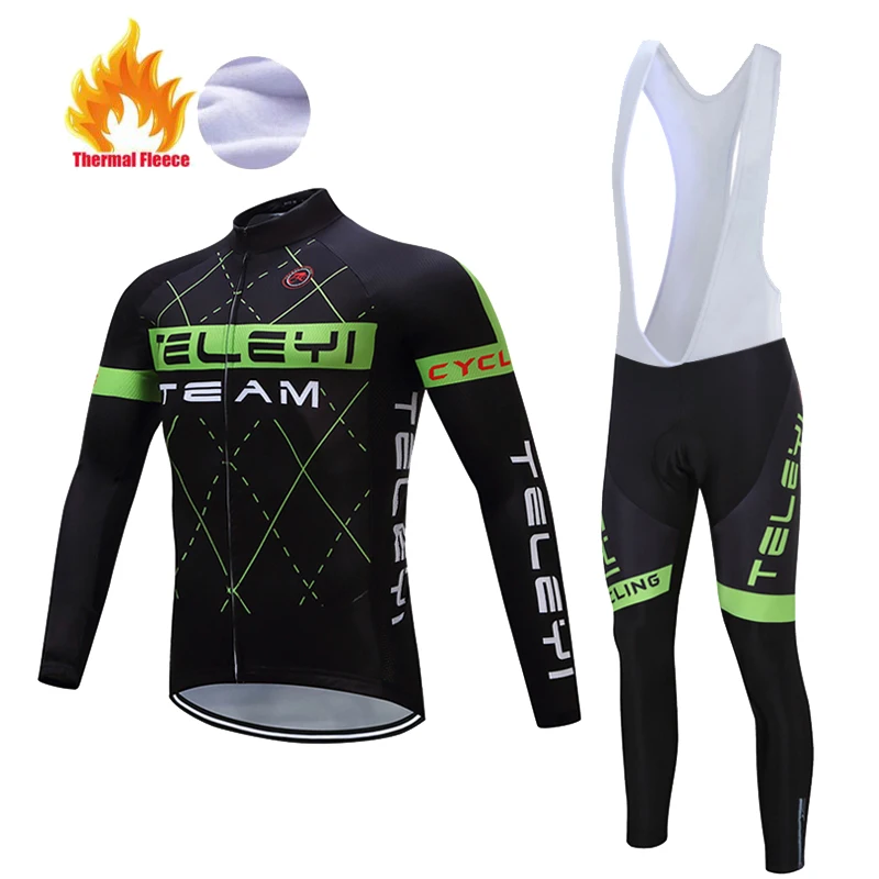 

TELEYI Cycling Clothing Black & Green Color Winter Cycling Jersey Thermal Fleece Long Sleeve Winter Bicycle Clothes Pants Kit
