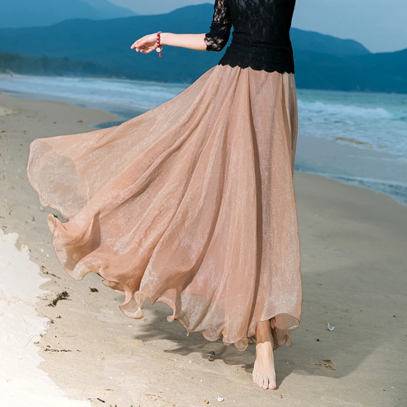 Autumn Summer Long Skirt Pleated Long Maxi Skirts Womens Jupe Red Brown Pink Black Elegant High Waist Bling Adult Chiffon Skirt nike waffle debut pink oxford pearl pink dh9523 603 womens sneakers