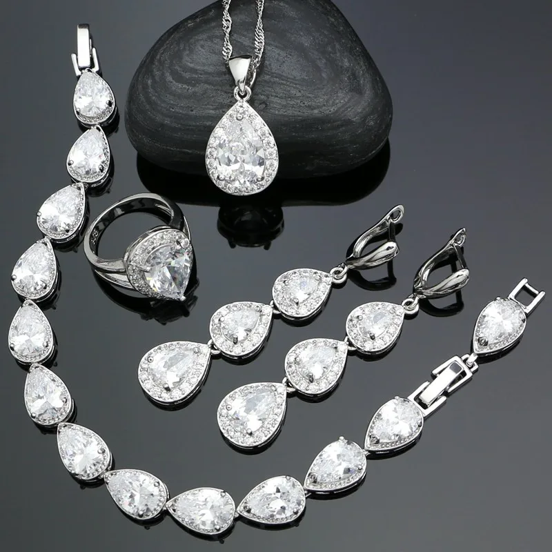 

Water Drop 925 Silver Bridal Jewelry Sets For Women White Cubic Zirconia Long Earrings Ring Bracelet Pendant Necklace Set