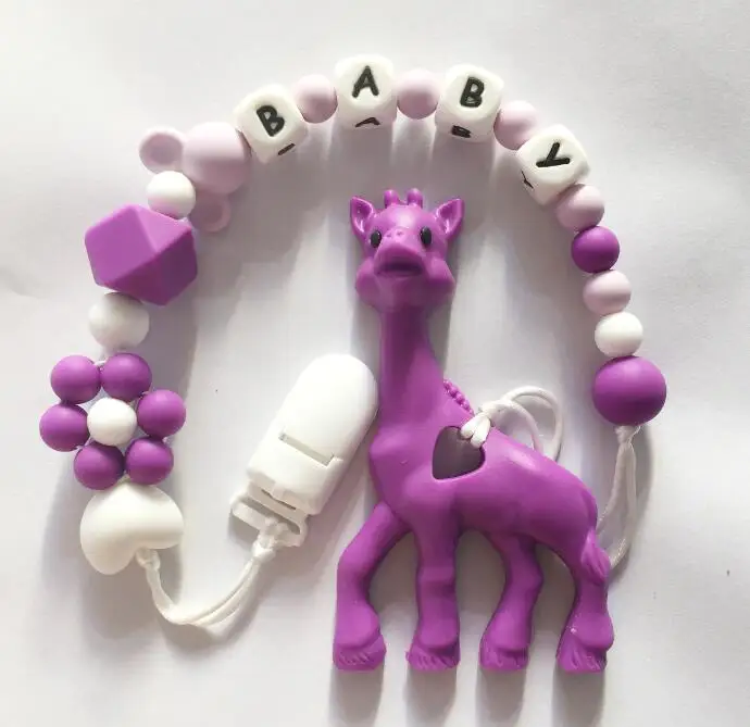 Персонализированные Имя Силиконовые Прорезыватели соски зажимы с жирафом силиконовый Прорезыватель Соска цепь ожерелье для ребенка жевательные игрушки - Окраска металла: purple