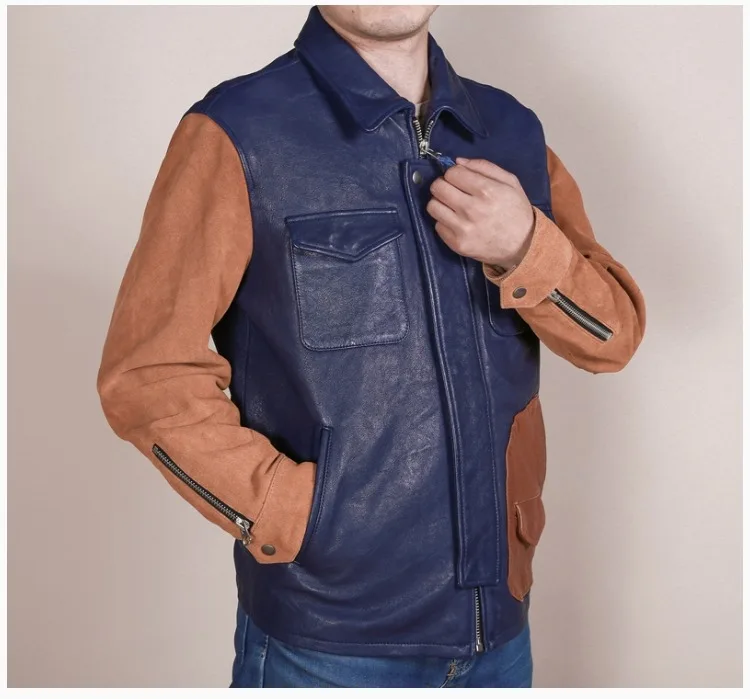 new arrivals men's patchwork genuine leather jacket contrast color fashion leather jacket men suede leather coat male