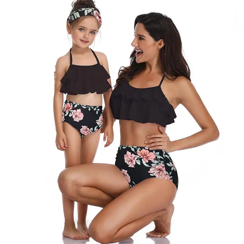 

baby girl clothes one piece mommy and me swimwear black floral print swimsuit for mother daughter sexy bikini mom sister family