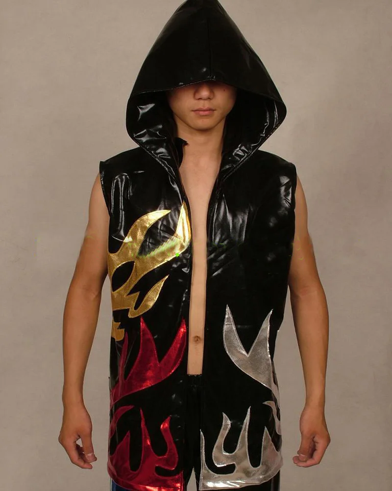 

Pvc Latex Flames Wrestling Sleevellss Hooded Top For Mens