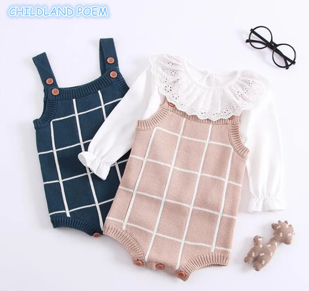Meilleur Barboteuse Tricotée Coton Laine Bébé Filles Garçons Vêtements Nouveau Né Infantile Combinaison Sans Manches À Carreaux Bébé Salopette Tenues