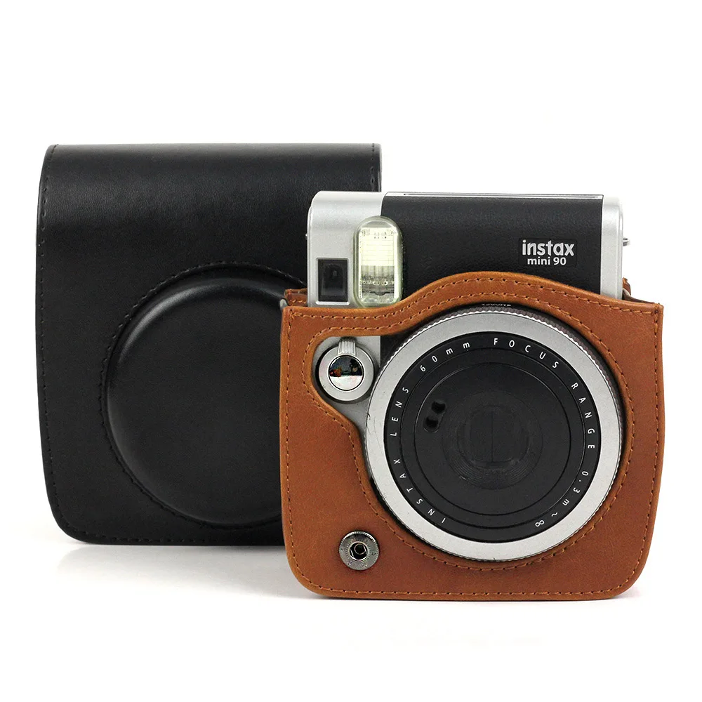 

Retro Black Brown PU Leather Camera Bag Case Cover For Fuji Fujifilm Instax Mini 90 Mini90 with Shoudler Strap Backpack Pocket