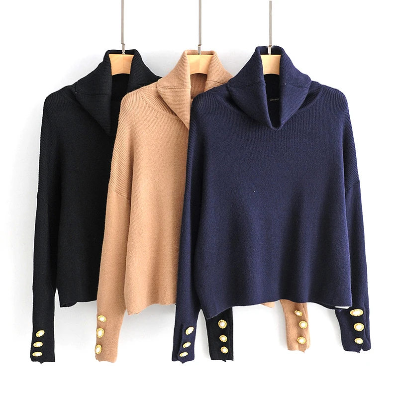 

Winter Spring Casual Basic Solid Knitted Loose Short Sweaters Oversized Buttons Long Sleeve Stretchy Pullovers Female