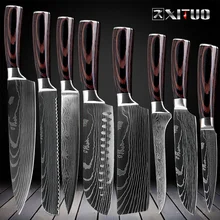 XITUO набор кухонных поварских ножей 8 дюймов японский 7CR17 440C из высокоуглеродистой нержавеющей стали дамасский лазерный узор инструмент для нарезки сантоку