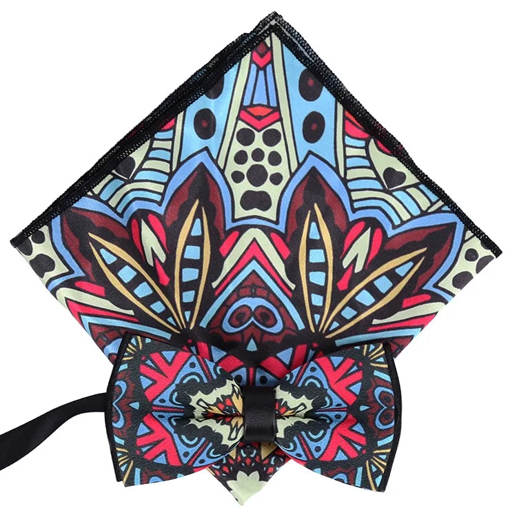 

Luxury Maya Bohemian style Men 8cm Formal Bow Ties Set with Pocket Square Colorful with Golden Florals Gravata Sets