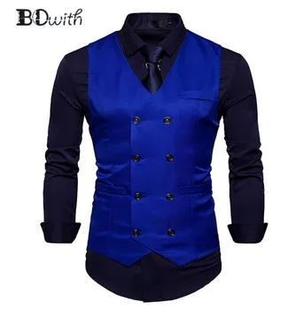 

New Arrival Royal Blue Men's Sleeveless Slim Fit Suit Vest Double Breasted Eight Buttons Business Dating Wedding Dress Waistcoat