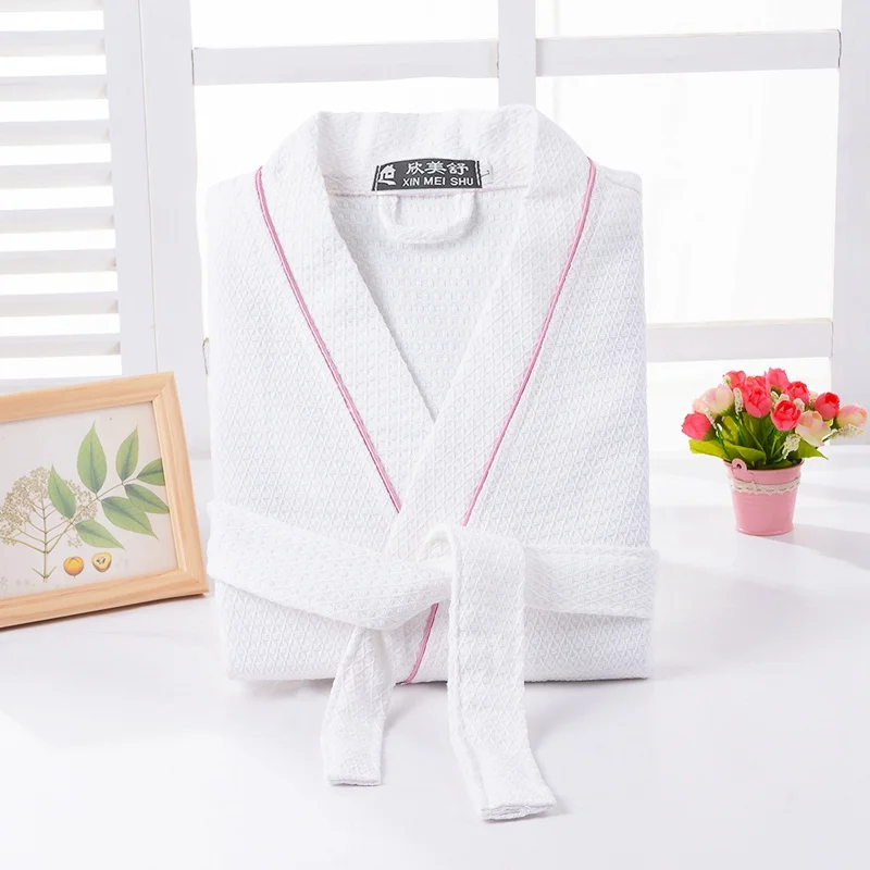 Кимоно халат женский хлопковый Вафельный Халат сплошной цвет женская ночная рубашка длинный мягкий халат Высокое качество ночное платье одежда для сна - Цвет: White-Pink Line