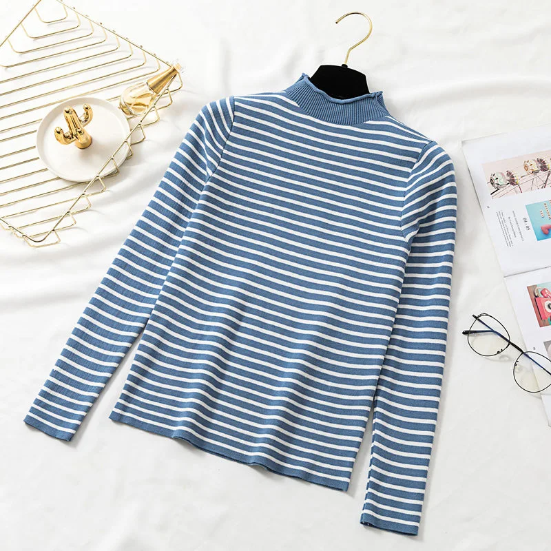 

OHRYIYIE Striped Knitted Half Turtleneck Sweater Womens Autumn Winter Jumper Women Sweater And Pullover Female Jumper Pull Femme