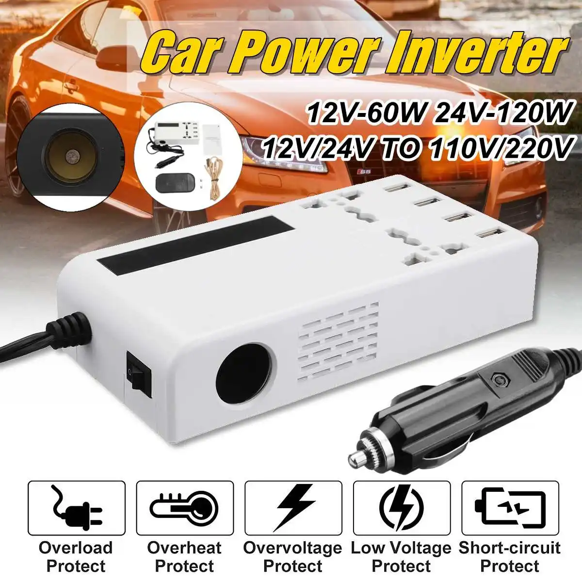 

Multifunctional Car Inverter 12V/24V To AC110V/220V 60W/120W Power Converter Charger Auto Cigarette Lighter Display Voltage
