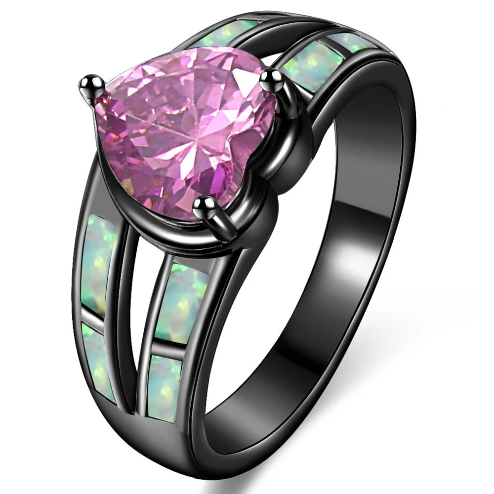 Black Rhodium Plated Fire Opal & Heart-Cut Pink Cubic Zirconia Ring R1761 (1)