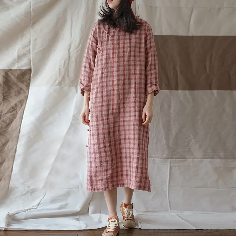 

Johnature Linen Plaid Dress Vintage Stand Long Sleeve Women Original Cheongsam 2019 Spring New High Quality Loose Button Dress