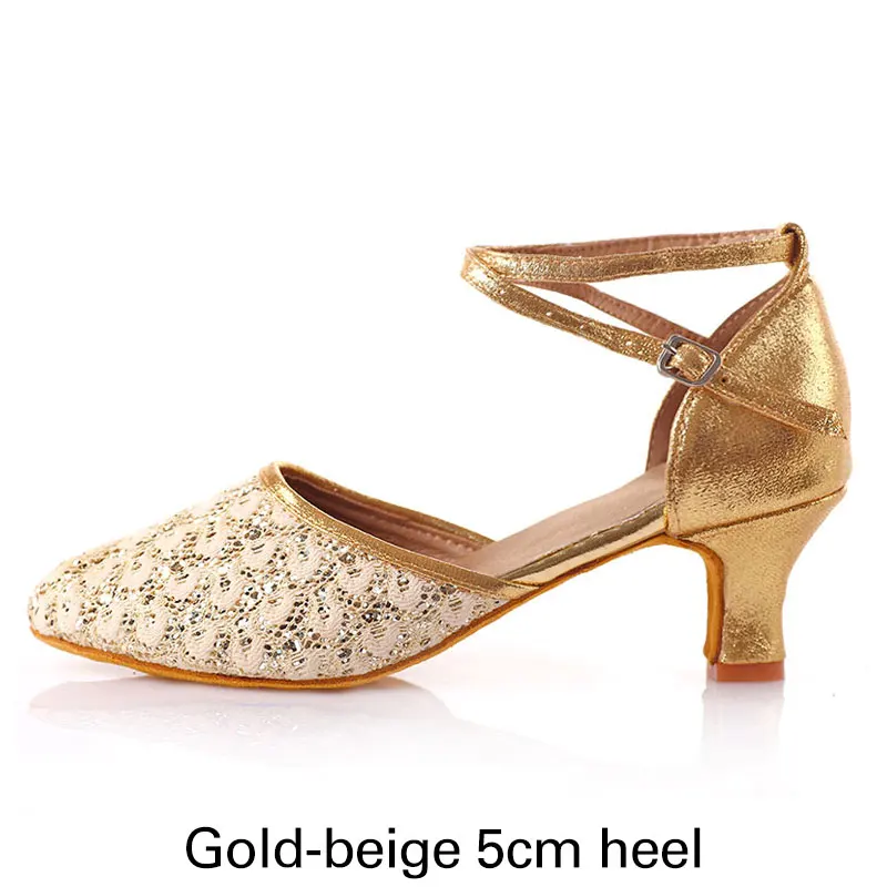 Женская обувь на мягкой подошве для латинских танцев/Танго/сальсы; обувь для танцев; цвет золотой, серебряный; обувь для вечеринки; обувь с закрытым носком на каблуке 5/7 см; танцевальная обувь - Цвет: Gold-beige 5cm