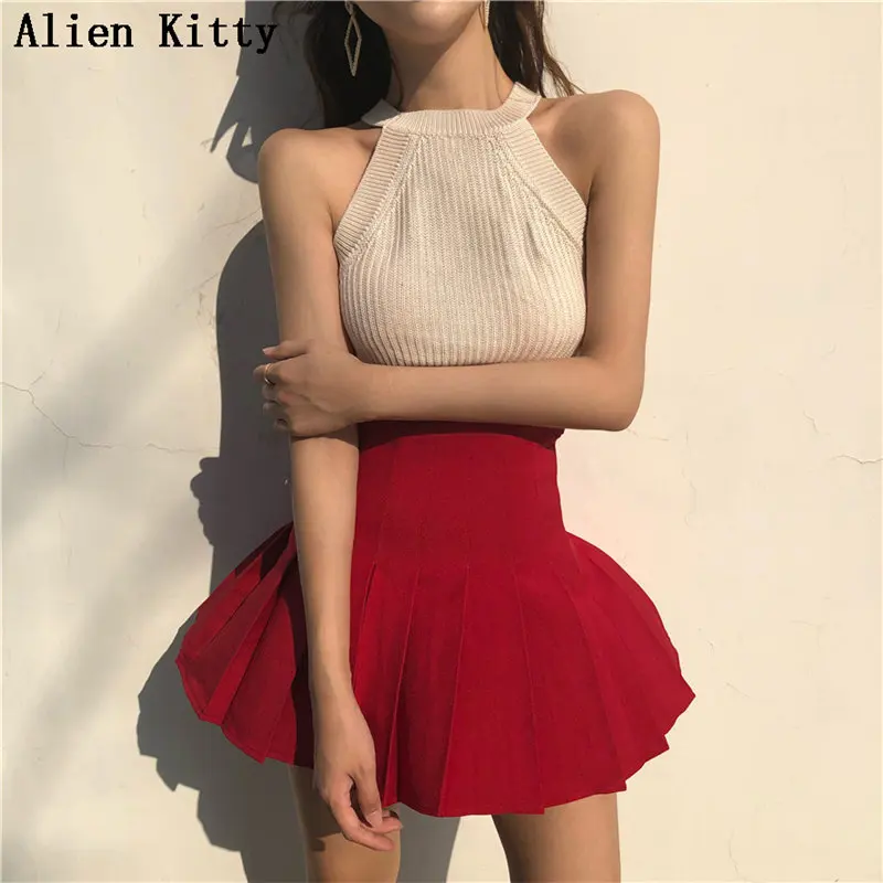 

Alien Kitty Solid Pleated Empire Vintage 2019 Summer Female Stylish Buttons Loose A-Line Casual Plus Size Mini Skirt 4 Colors