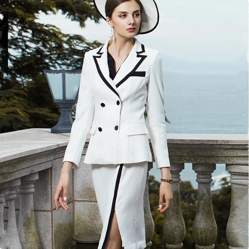 

Women Skirt Suits Elegant Office Lady Vintage Double Breasted Blazer Coat Open Fork Midi Skirt Formal Work Two Piece Set Uniform