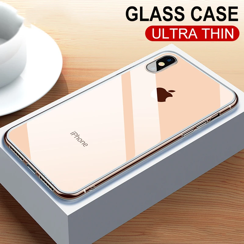 

Luxury Glass Case For iPhone XS MAX XR X 10 6 7 8 6s plus Mirror Fundas Transparent Tempered Glass Back Logo Cover Soft TPU Edge