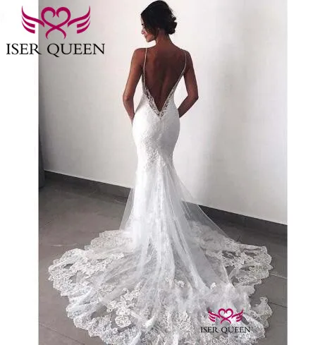 

Embroidered Lace Appliques Bride Dress with Shoulder-straps 2019 Trendy South American backless Lace Mermaid Wedding Dress w0527