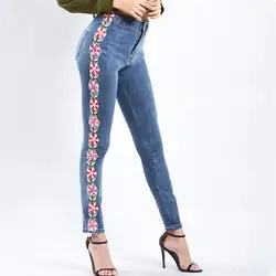 Новинка весны лето цветок вышивка джинсы для женщин 2019 женские стрейч джинсовые узкие брюки Высокая талия джинсы мотобрюки для женщи